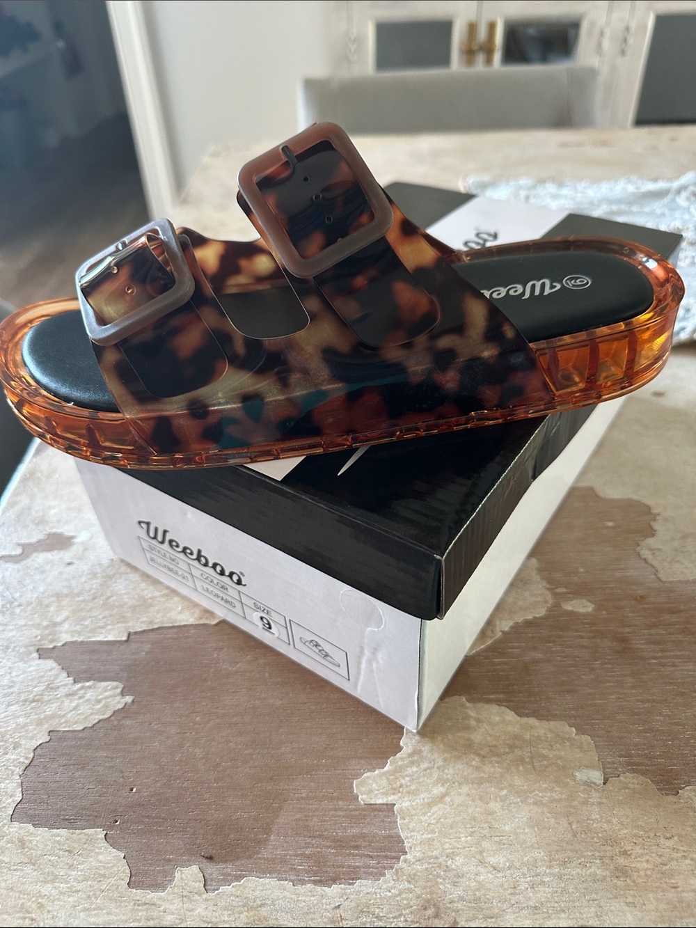 Weeboo Tortoiseshell Slide Sandals in Amber Brown